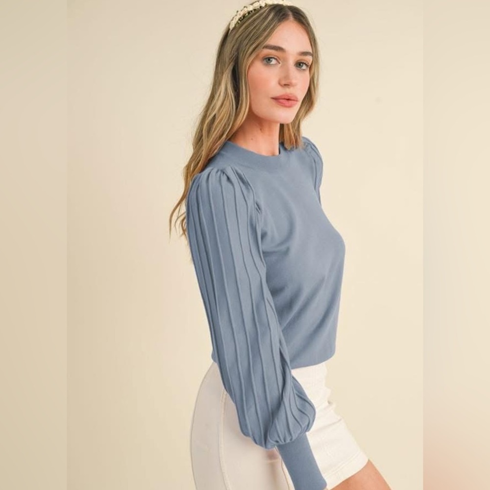 Chic Blue Pleated Sleeve Women's Blouse